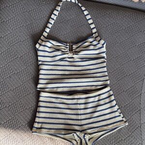 SHEIN Blue and White Striped Halter Top and Shorts Set